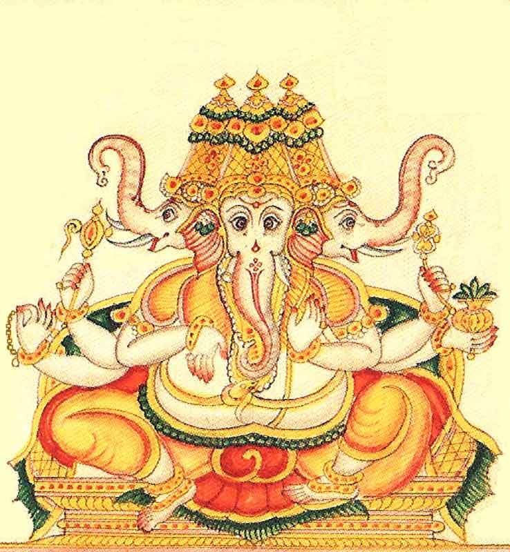 Trimukha Ganapati es una forma de Ganesha con tres cabezas. 