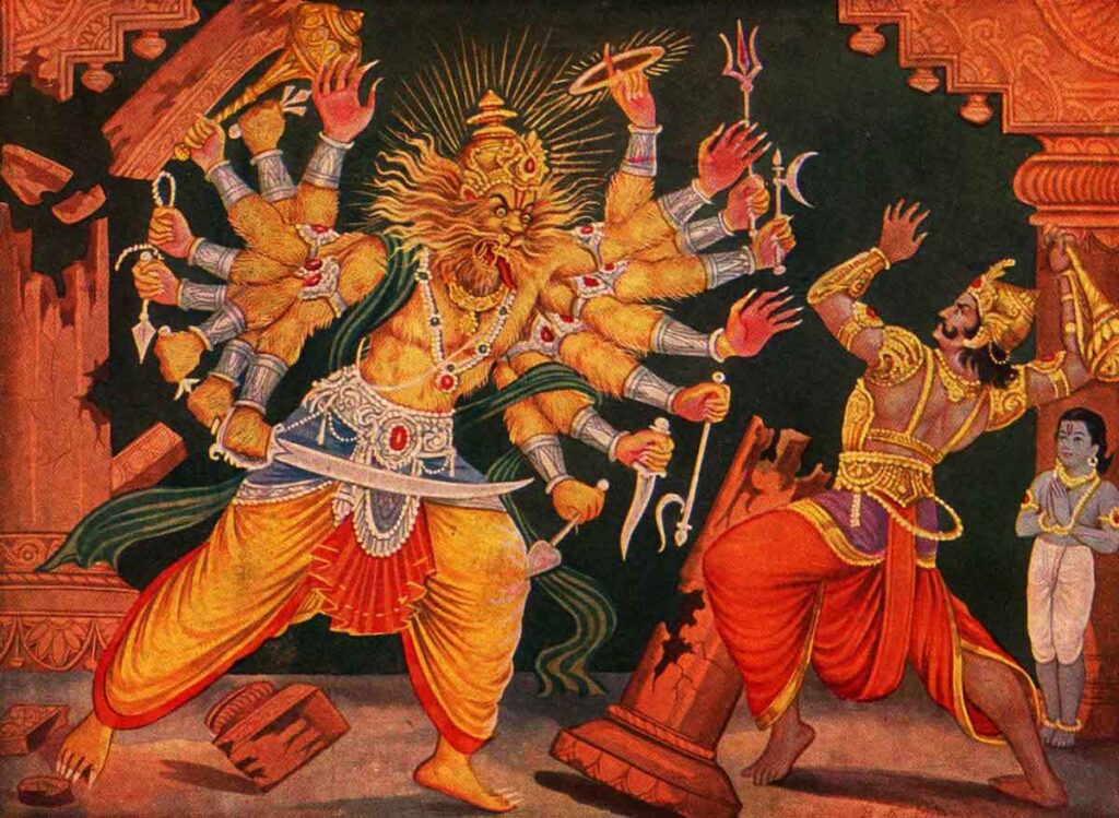 Narasimha es el cuarto avatar de Vishnú y toma forma de león.
