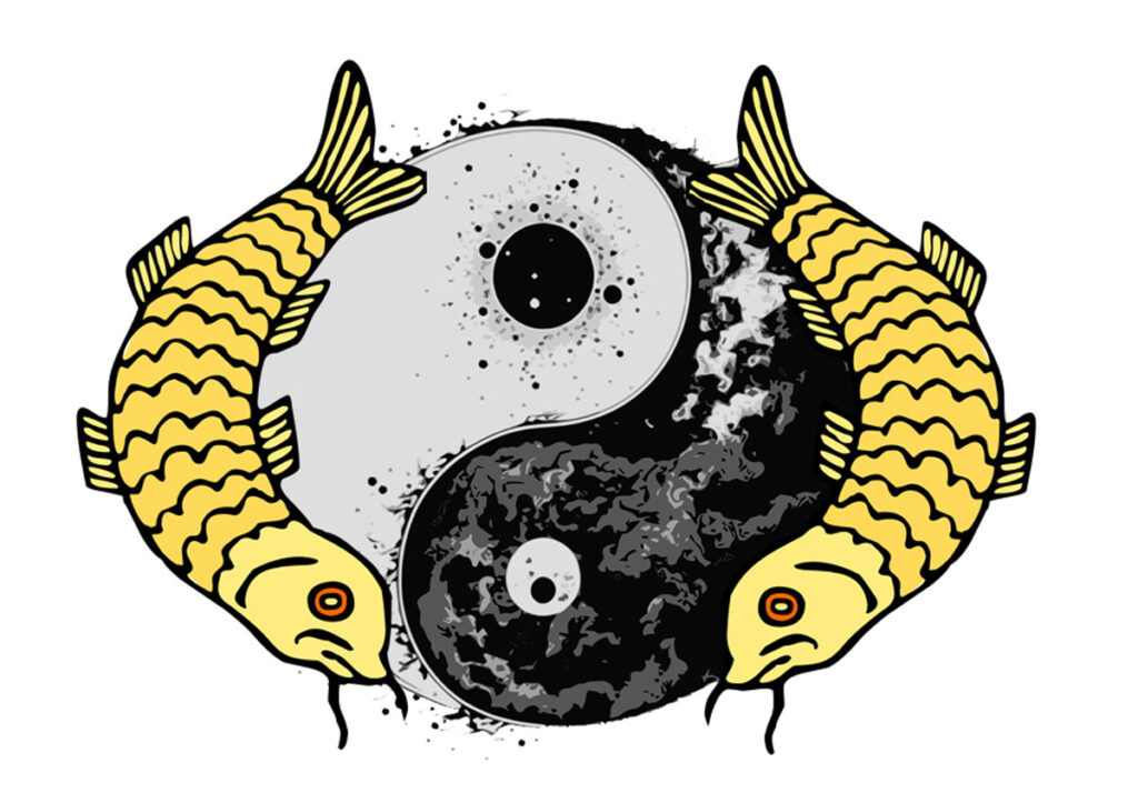 Tattoo de yin yang y peces de la abundancia tibetanos. 