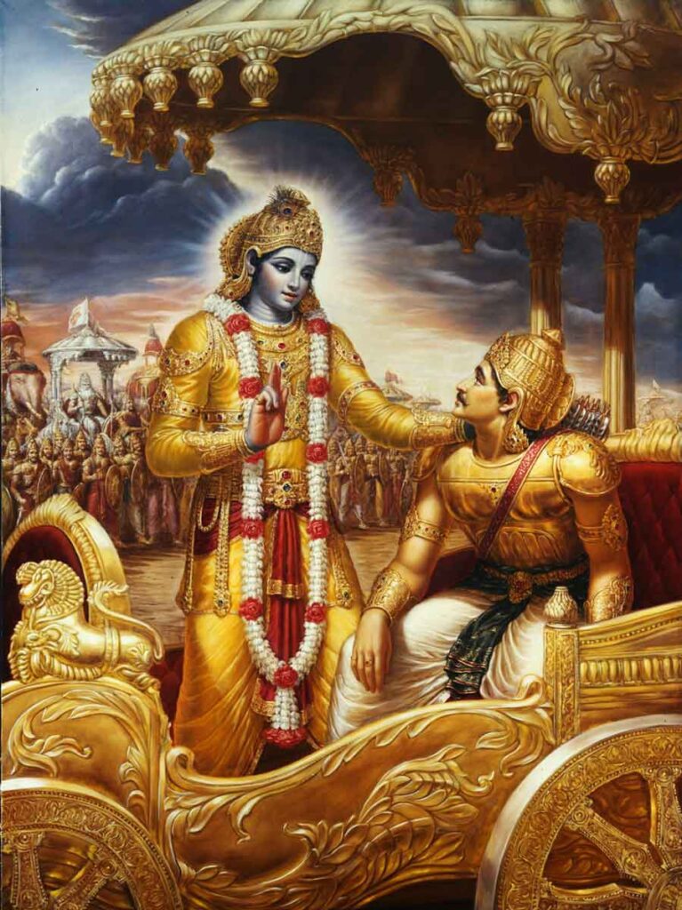Krishna como guerrero y filósofo en la Bhagavad Gita.