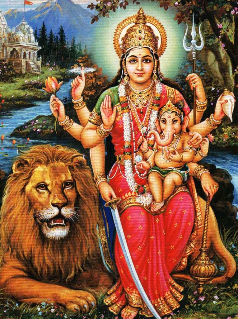 Parvati con su pequeño el dios Ganesha.